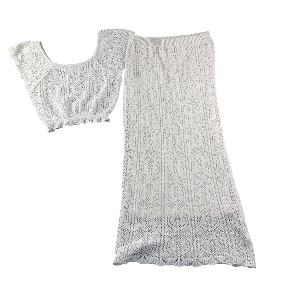 Y2K Crochet Knit Skirt Set‎ Womens M Cream Boho Cottagecore 2 piece set Retro